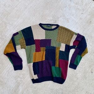 90s patchwork jewel tone geometric knit sweater